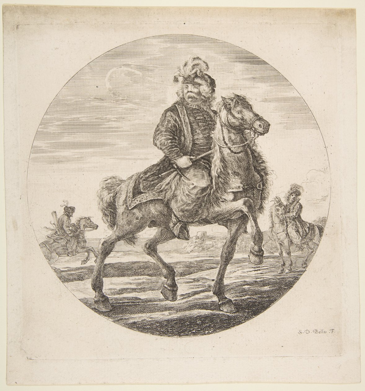 Ungarsk rytter rir mot høyre, andre ryttere i bakgrunnen, et sirku..., ca. 1651. av Stefano della Bella