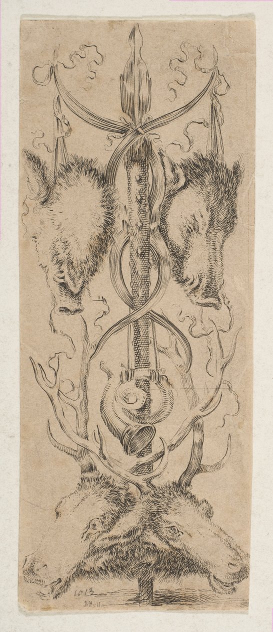 Jakttrofé med hjorthoder i bunnen, ca. 1653. av Stefano della Bella