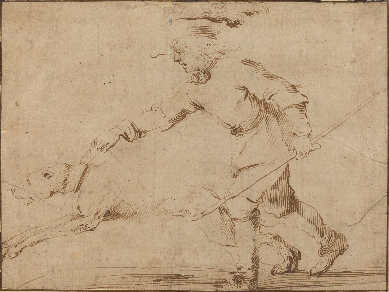 Jeger med en hund i bånd. av Stefano della Bella