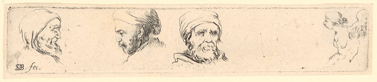 Hodestudier av tre filosofer, til høyre studie av en bevinget figur av Stefano della Bella