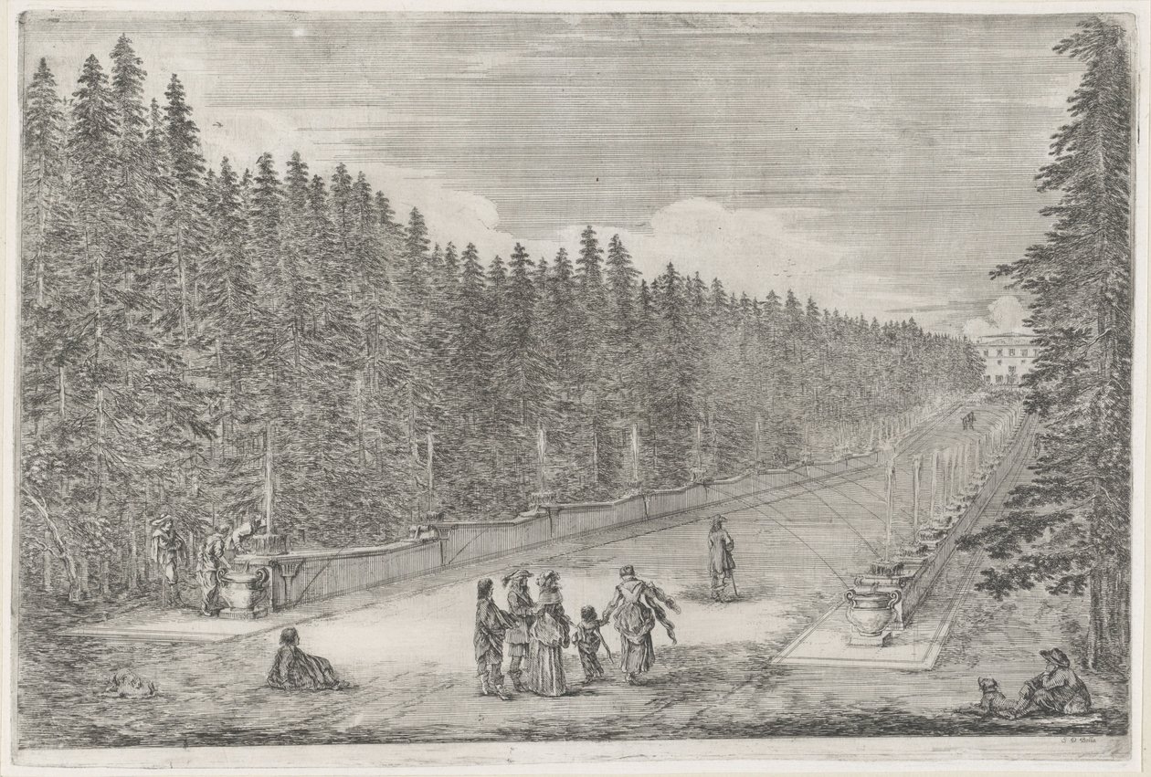 Torg med fontener i hagen til Villa Pratolino The Villa Pratolino (serietittel) Vues de la villa de Pratolino (serietittel) av Stefano della Bella