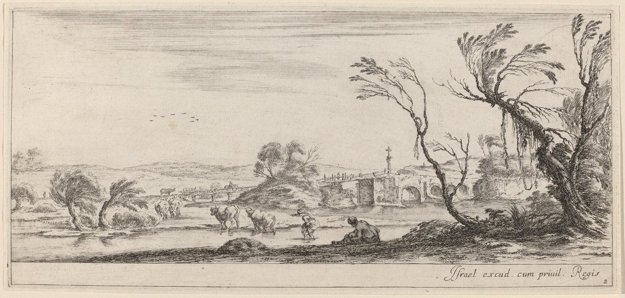 Landskap med bonde som forbereder seg på å krysse en bekk, i eller før 1647. av Stefano della Bella