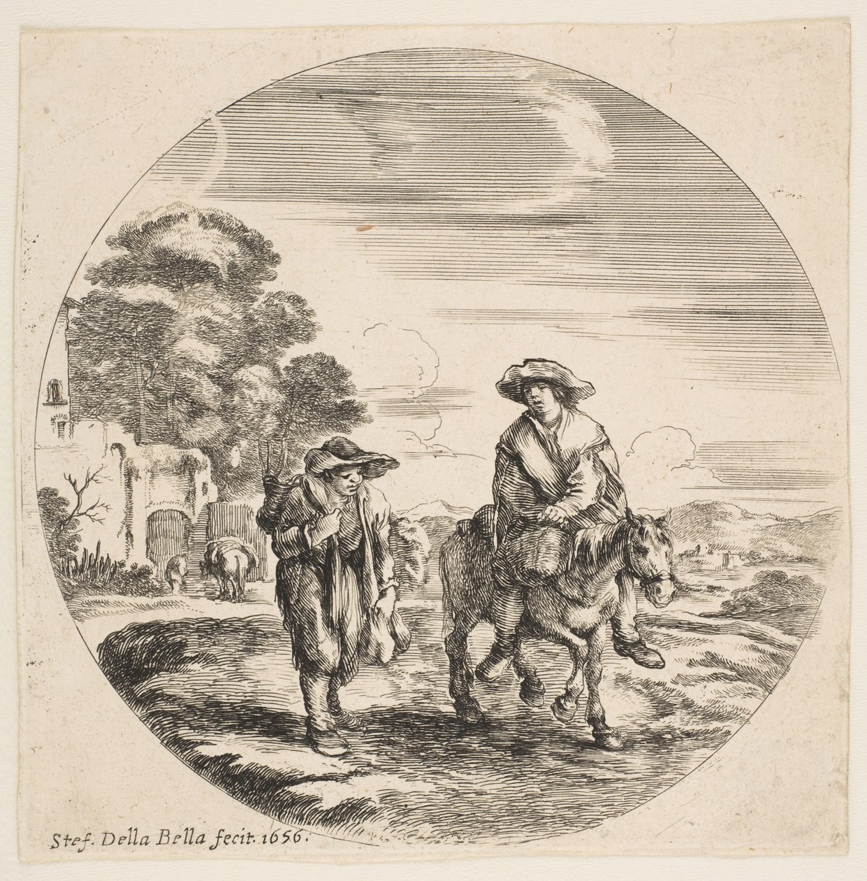 Landskap med to bønder, en som rir på en hest, fra landskap og havner Paysages ..., 1656. av Stefano della Bella