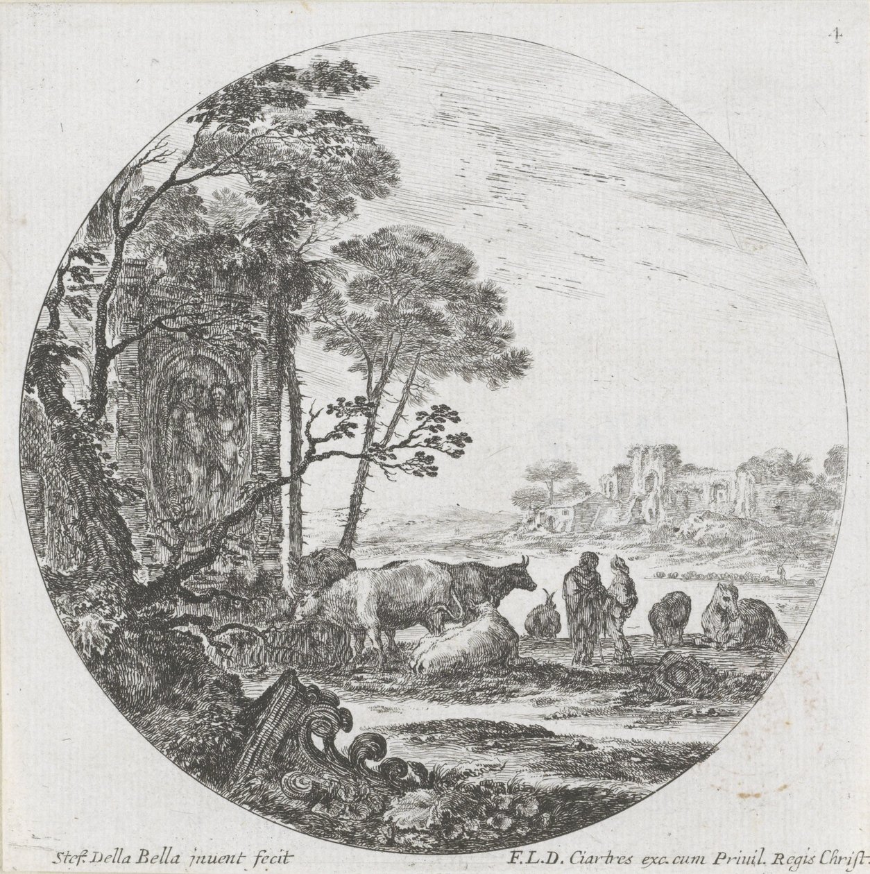 Landskap med flokk og korintisk hovedstad Landskap og ruiner i Roma (serietittel) Paysages et ruines de Rome (serietittel) av Stefano della Bella