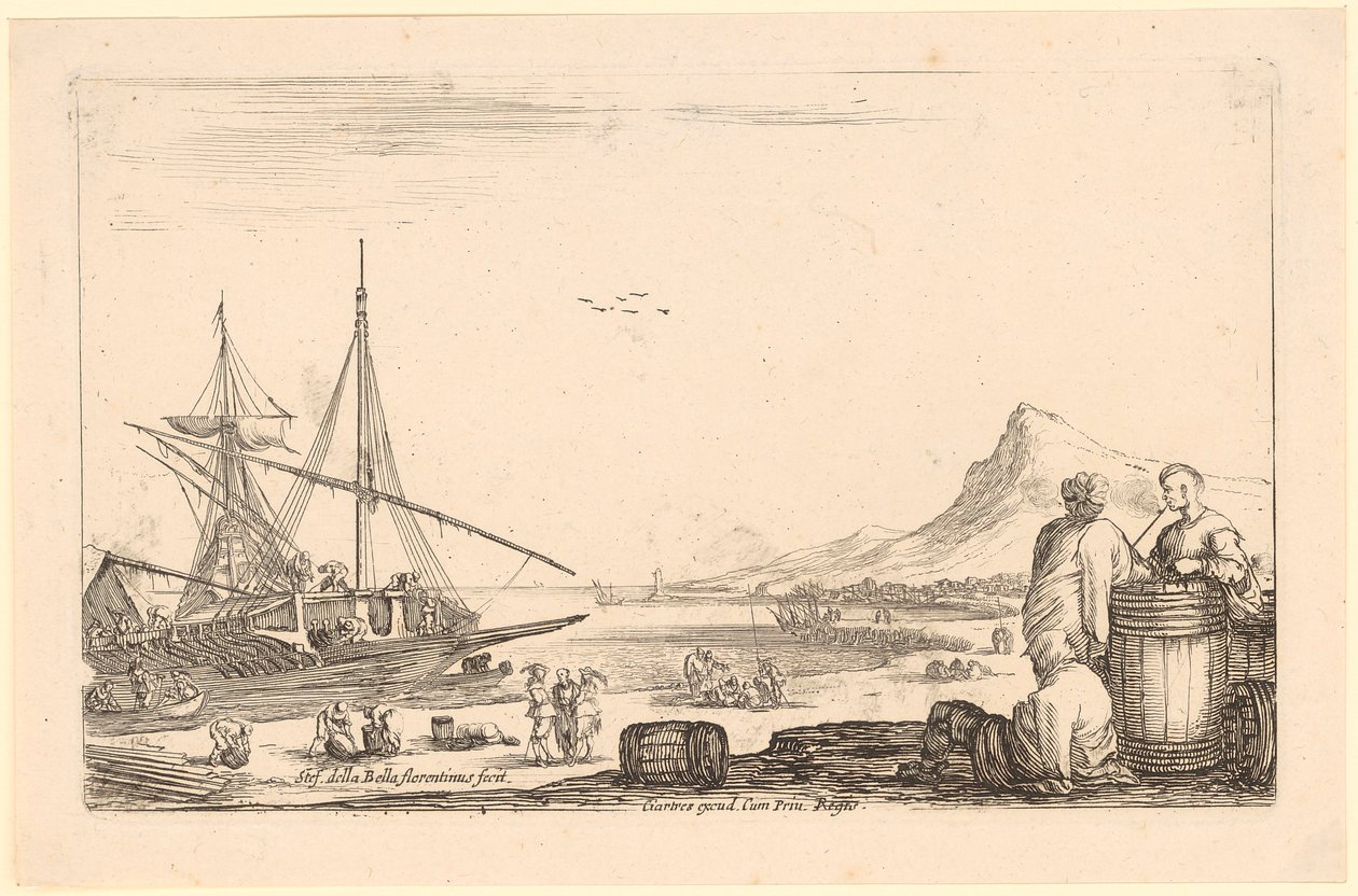 Til venstre en galle, til høyre tre galeslaver ved et fat, blad 7 i serien «Ulike figurer» av Stefano della Bella