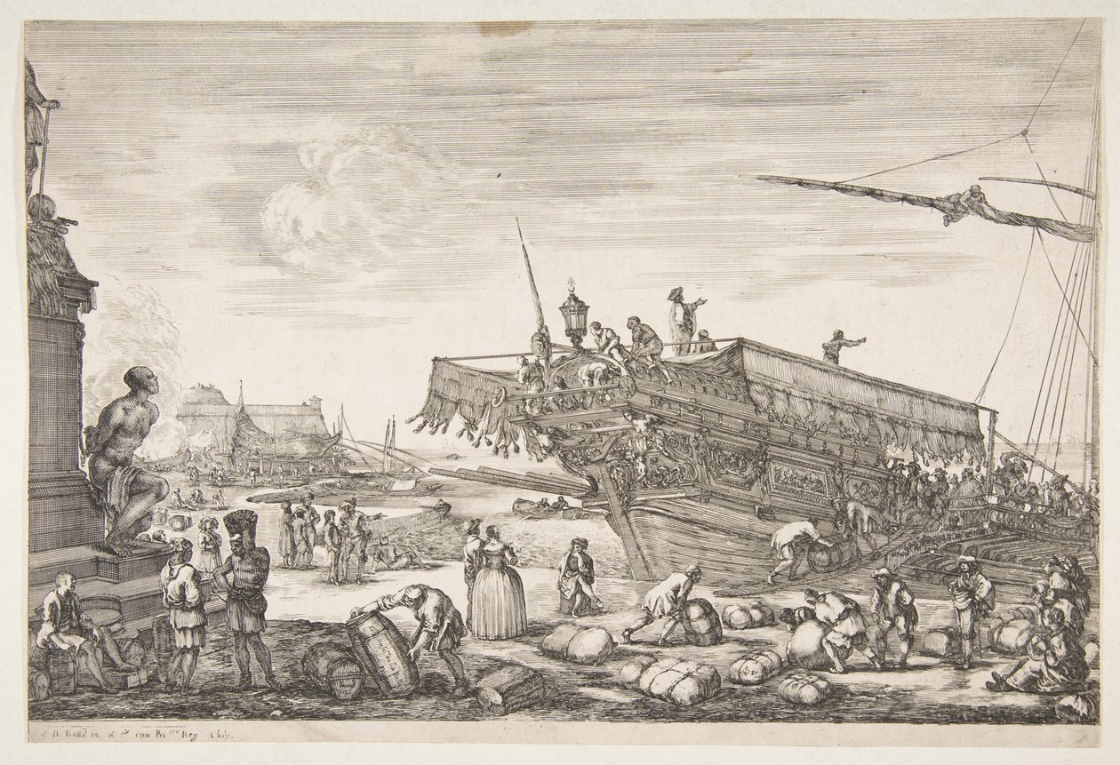 Laster en bysse, fra utsikt over havnen i Livorno Vues du port de Livourne, 1654-55. av Stefano della Bella