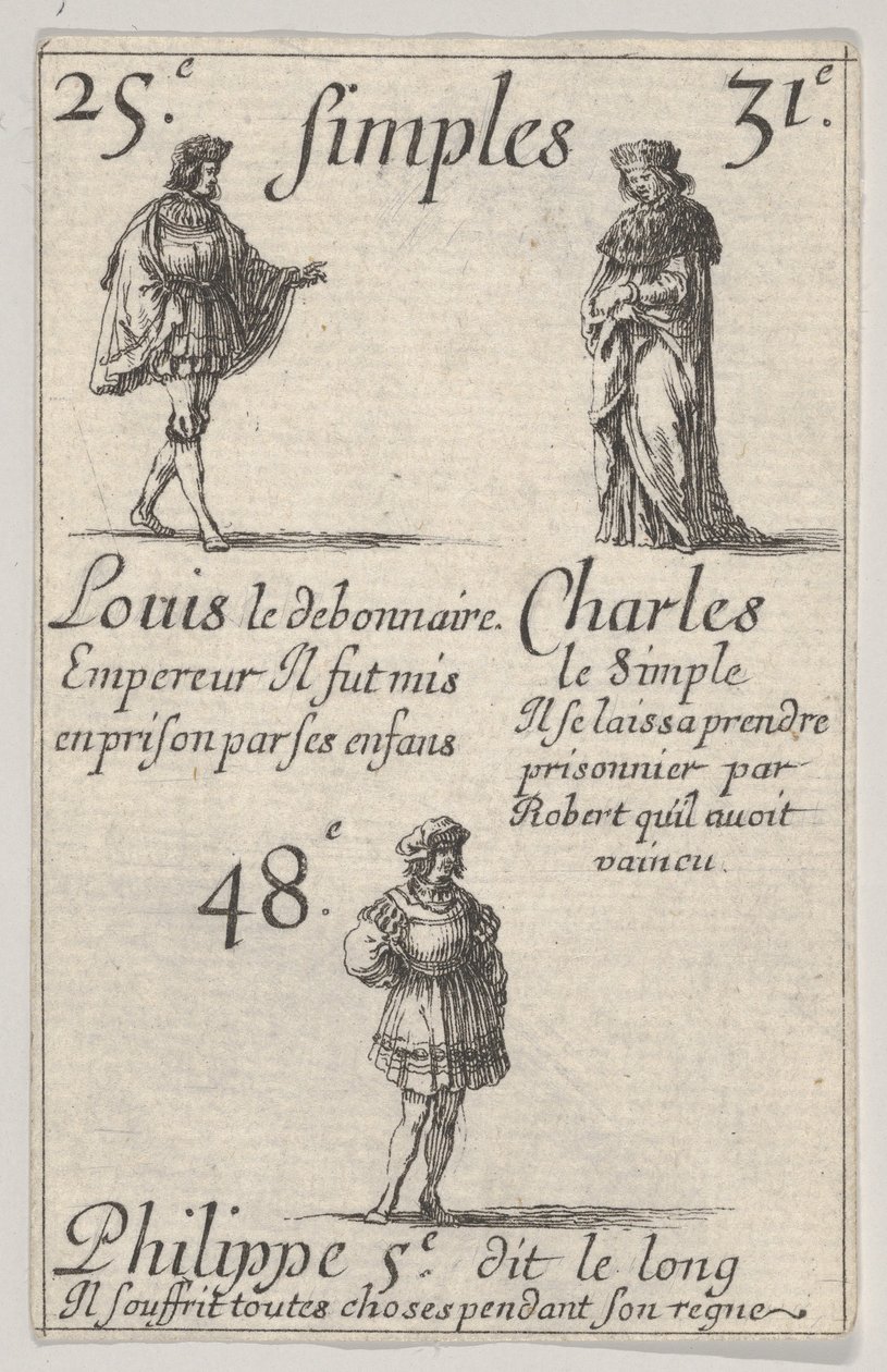 Louis le debonnaire... Charles le Simple, fra Game of the Kings of France Jeu des Rois..., 1644. av Stefano della Bella