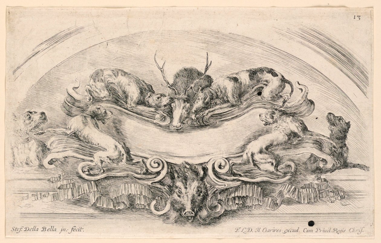 Lunette med escutcheons, nr. 13 fra "Samling av forskjellige innfall og ni oppfinnelser av mapper og ornamenter" av Stefano della Bella