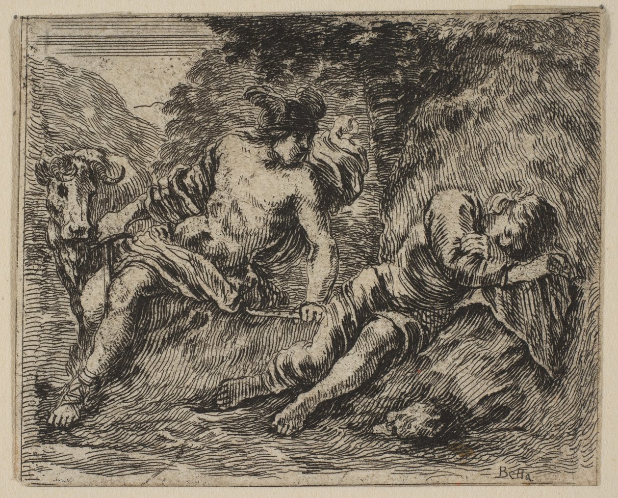 Mercury and Argus, fra Game of Mythology Jeu de la Mythologie, 1644. av Stefano della Bella