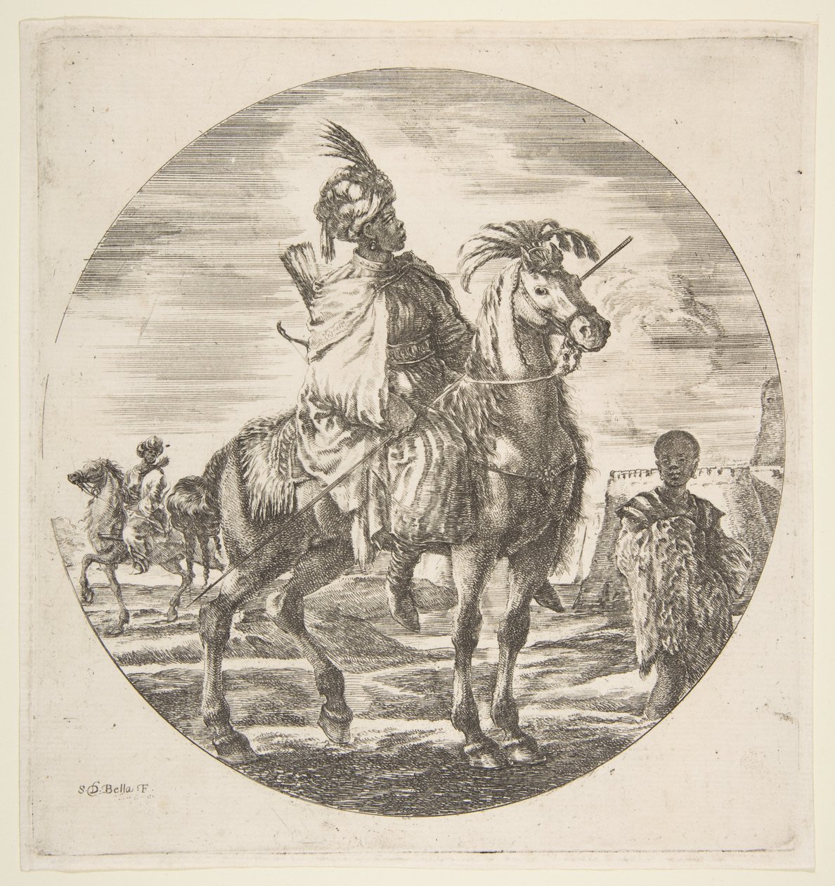 Maurisk rytter i profil vendt mot høyre, en svart slave holder en pels til høyre, en annen..., ca. 1651. av Stefano della Bella