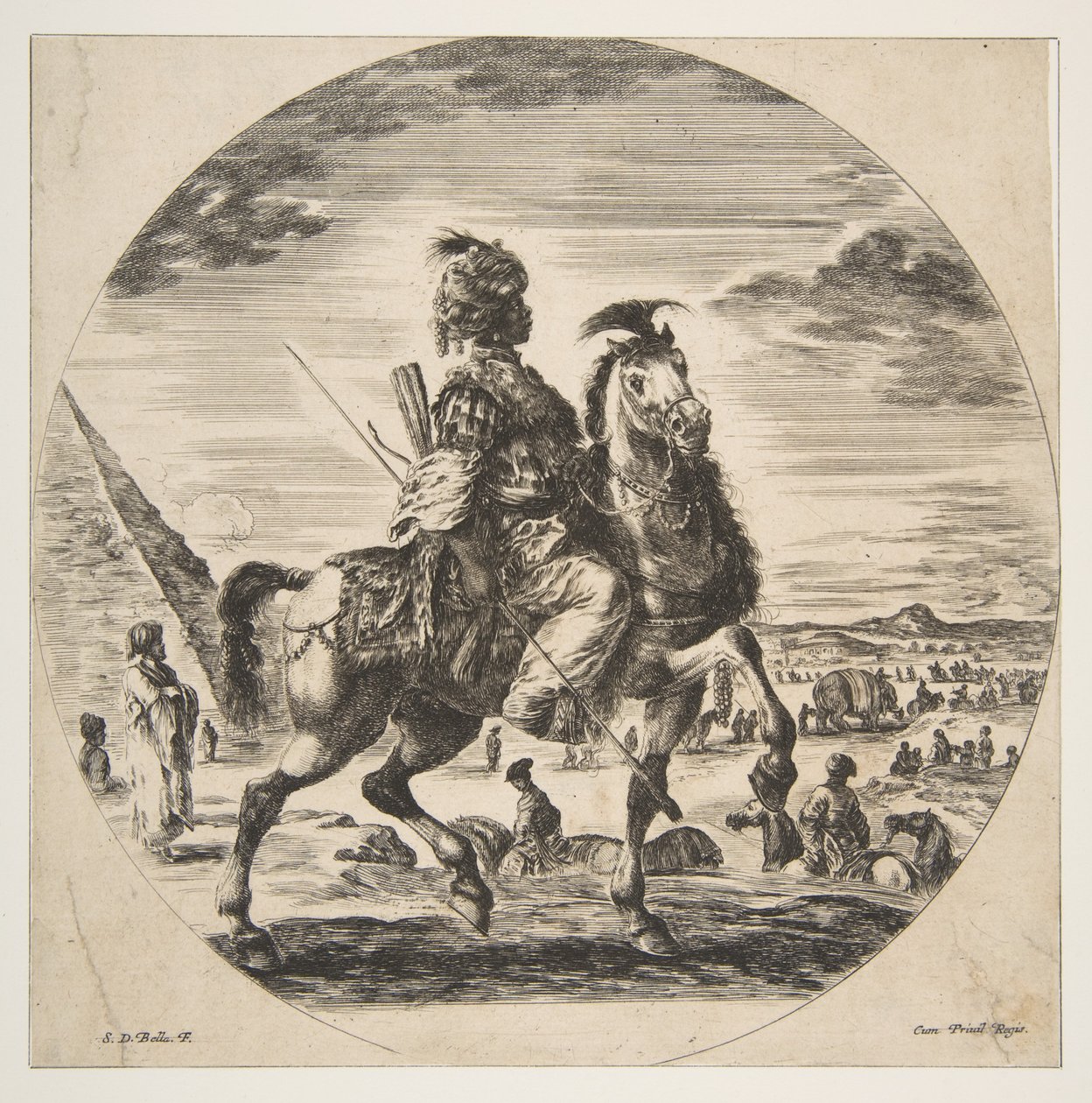 Maurisk rytter i profil mot høyre, i bakgrunnen en pyramide til venstre, mange fi..., ca. 1651. av Stefano della Bella