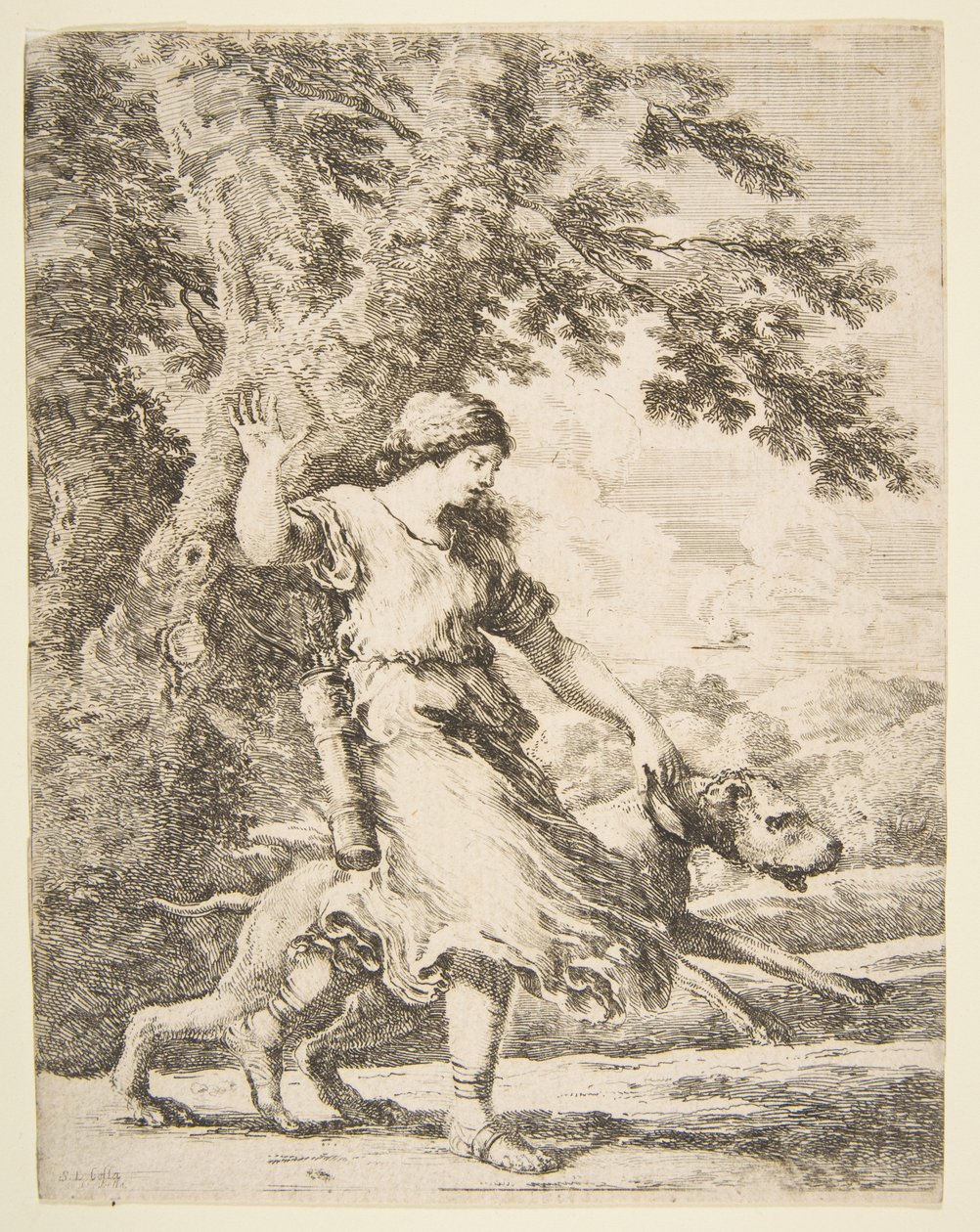 Nymfe som holder en stor hund ved halsbåndet, ca. 1654. av Stefano della Bella