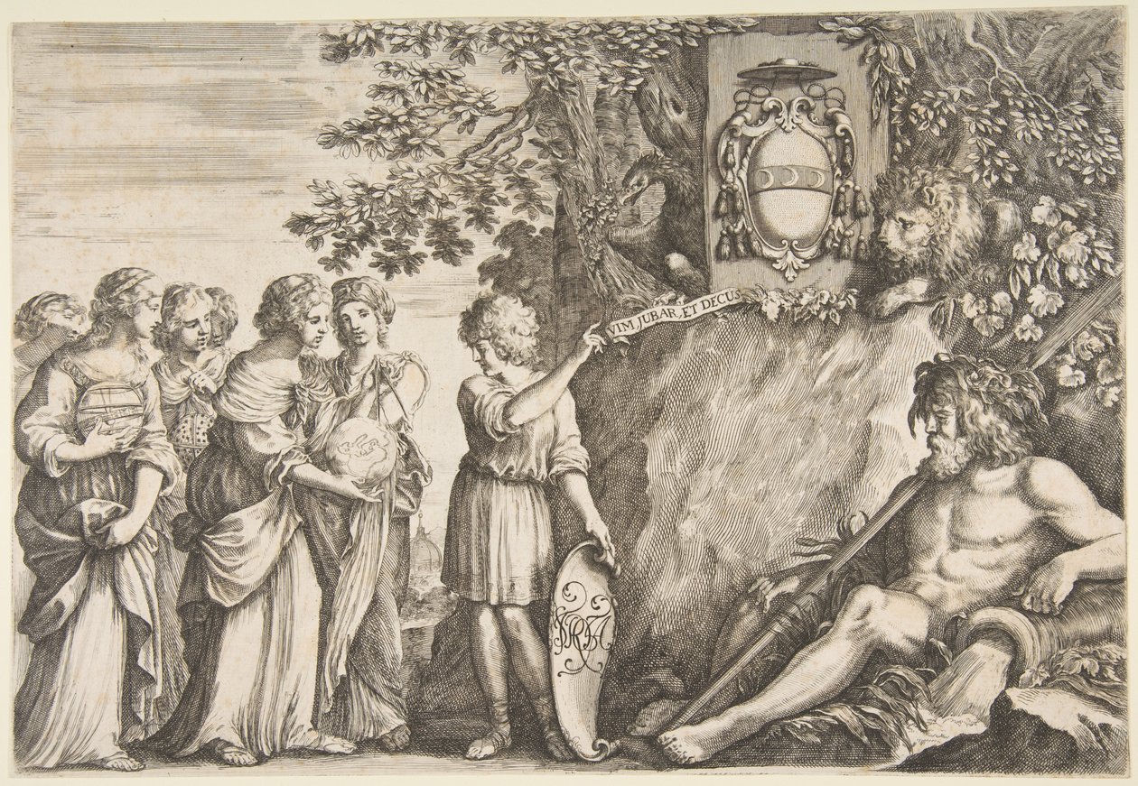 Ornamentdesign for en avhandling, Strozzis våpenskjold øverst, ca. 1660. av Stefano della Bella