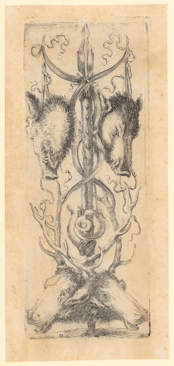 Ornamentalt panel med to villsvinhoder øverst, to hjortehoder nederst og et horn i midten, blad 8 fra serien «Ornamenter eller grotesker» av Stefano della Bella
