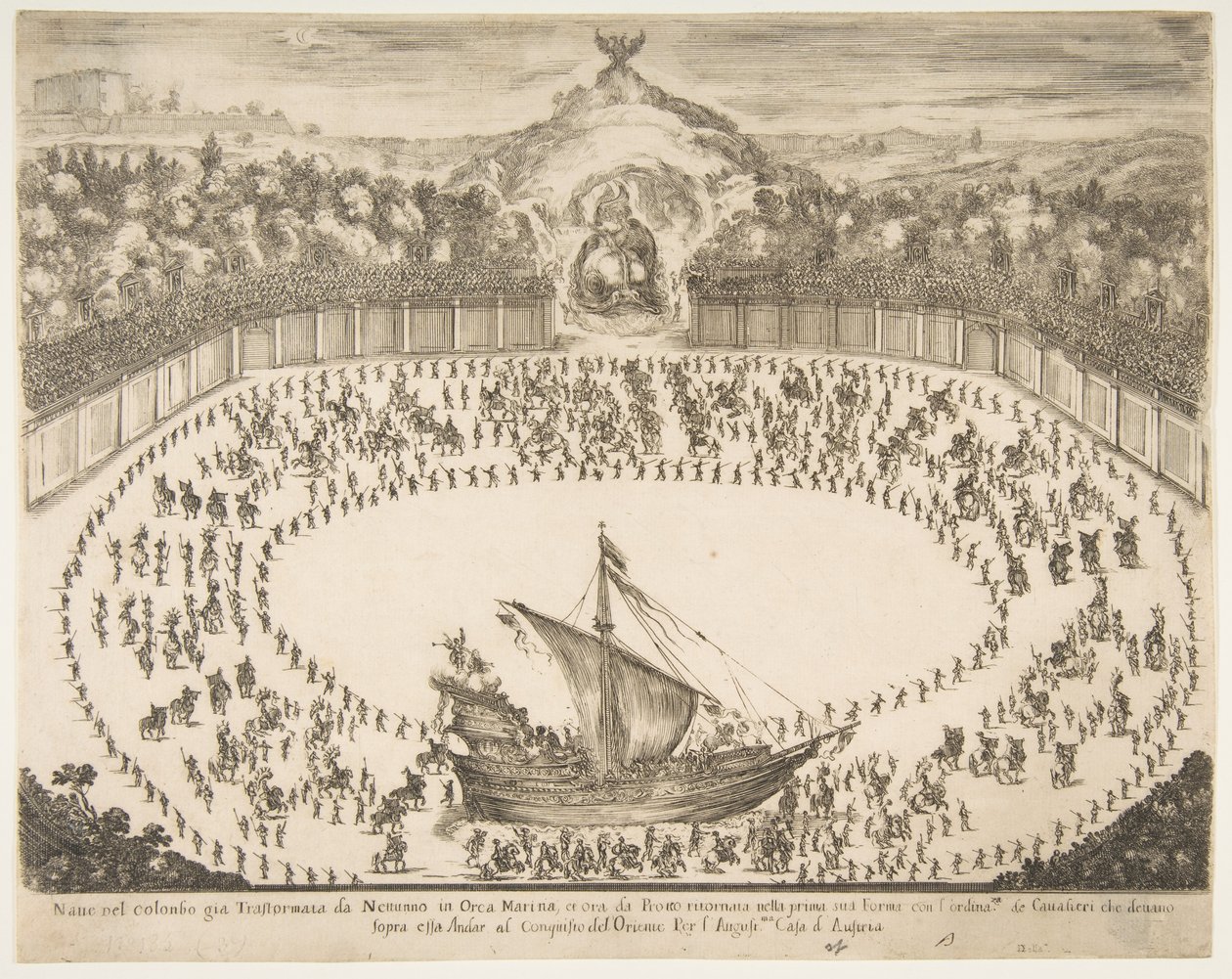 Paradeflyte i form av et skip, våpenskjold til storhertugen av Modena på toppen, 1652. av Stefano della Bella