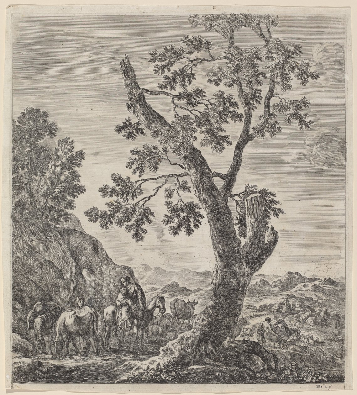 Bondekvinne til hest med et barn i armene, 1656. av Stefano della Bella