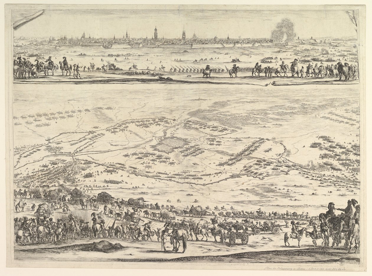 Plan og utsikt over beleiringen av Arras: nedre del av platen med en topografisk utsikt med..., 1641. av Stefano della Bella