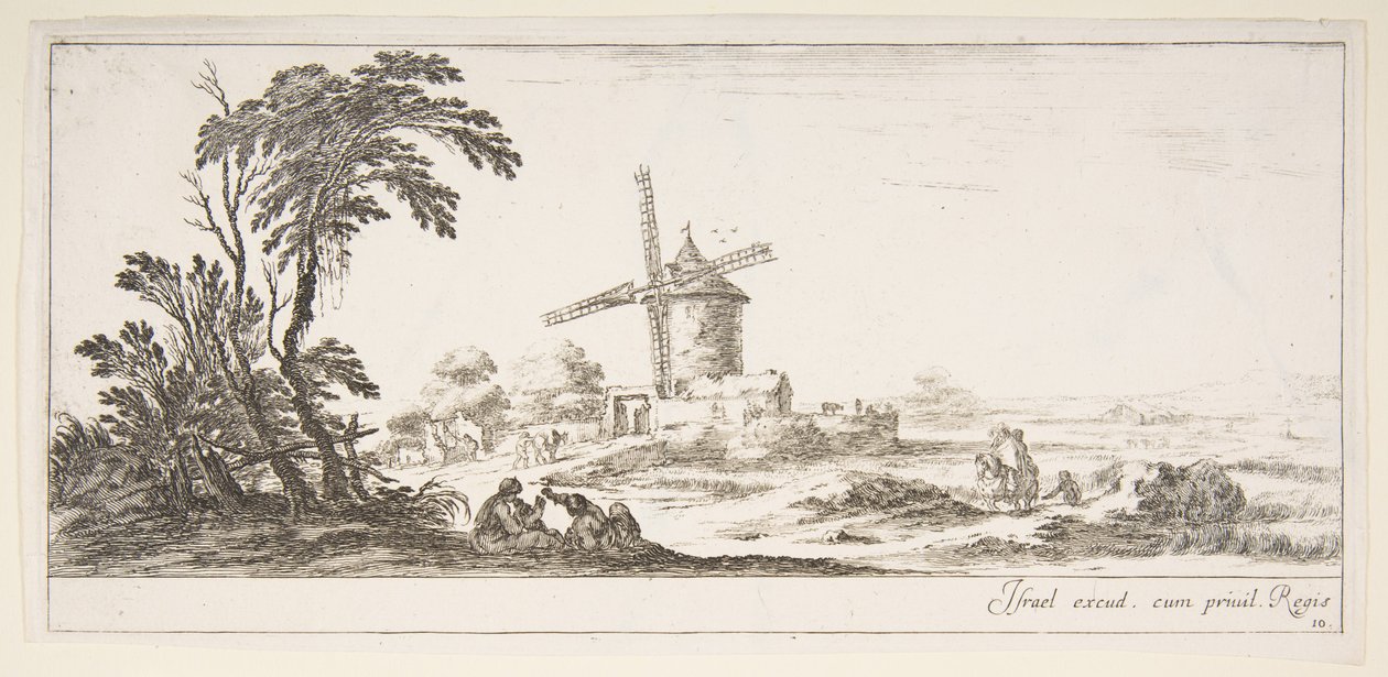 Plate 10: en familie i midten i forgrunnen, forskjellige figurer og hester i mellomgrunnen, en..., ca. 1641. av Stefano della Bella
