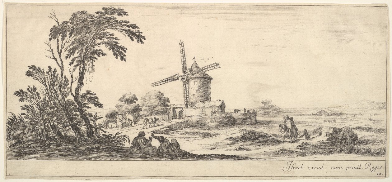 Plate 10: en familie i midten i forgrunnen, forskjellige figurer og hester i mellomgrunnen, en..., ca. 1641. av Stefano della Bella