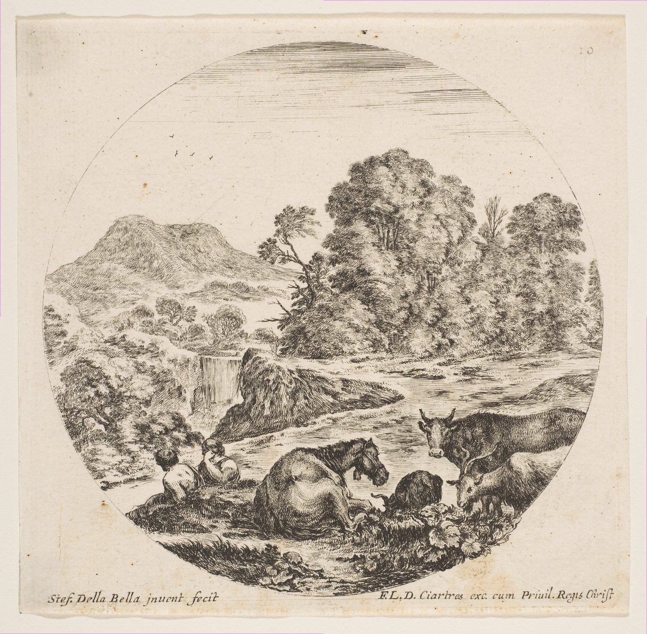 Plate 10: en hest som ligger i midten, en ku og to geiter til høyre, to sittende sauer..., ca. 1646. av Stefano della Bella