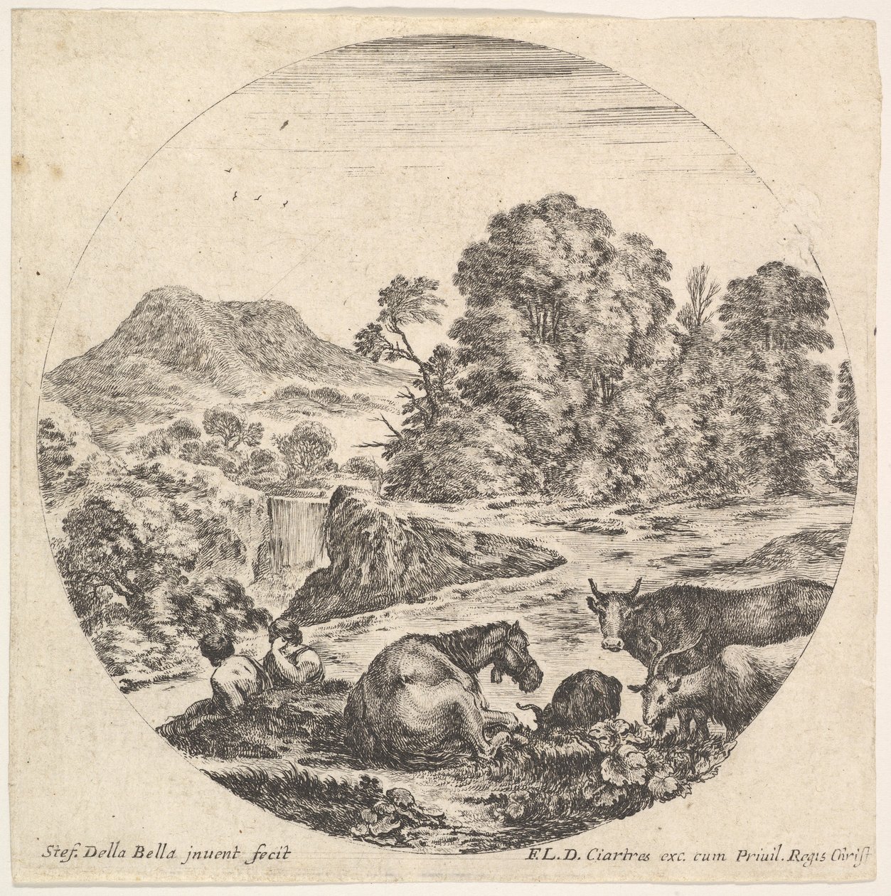 Plate 10: en hest som ligger i midten, en ku og to geiter til høyre, to sittende sh..., ca. 1643-48. av Stefano della Bella