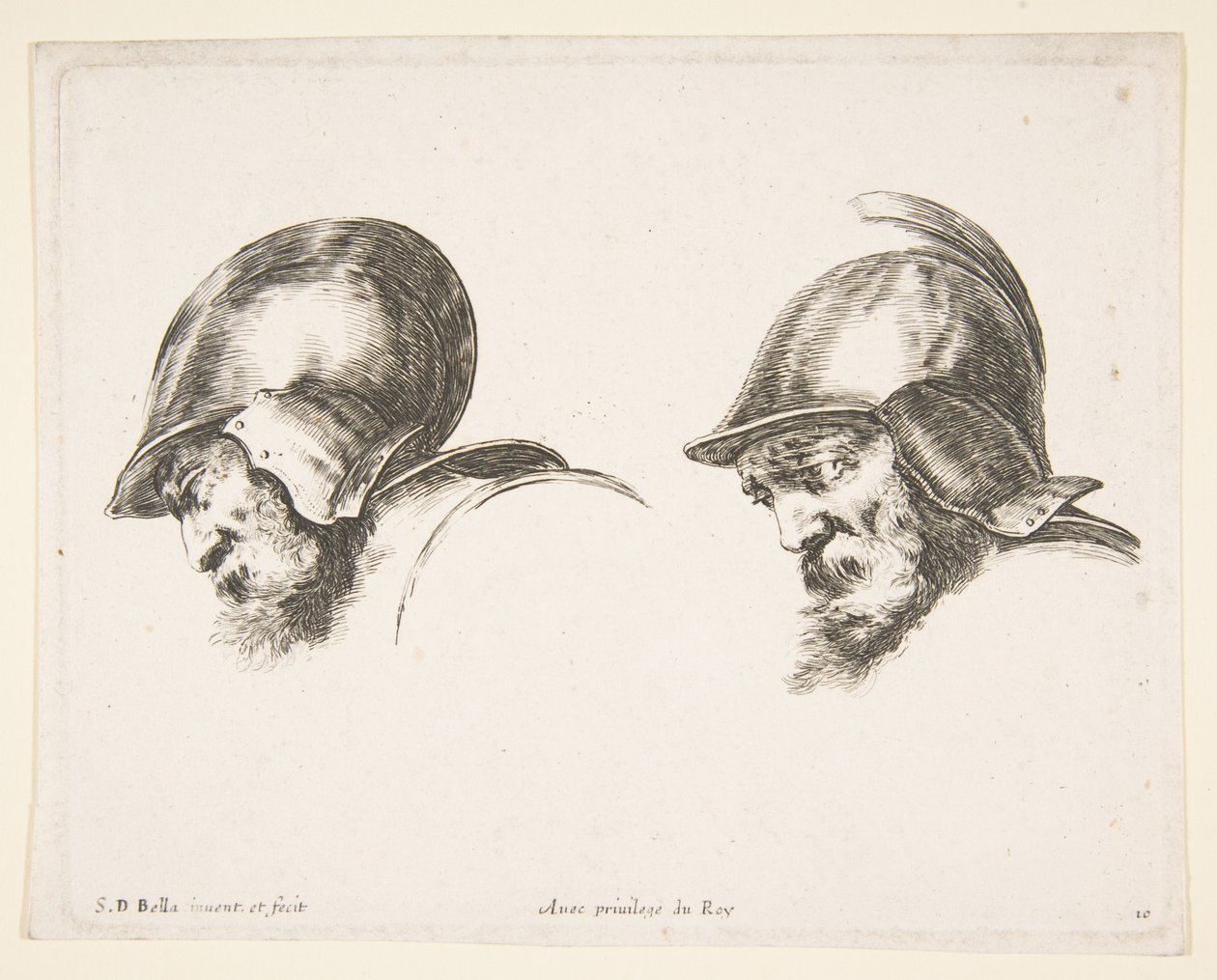 Plate 10: to hoder av gamle soldater med hjelmer, begge vendt mot venstre og ser ned..., ca. 1641. av Stefano della Bella