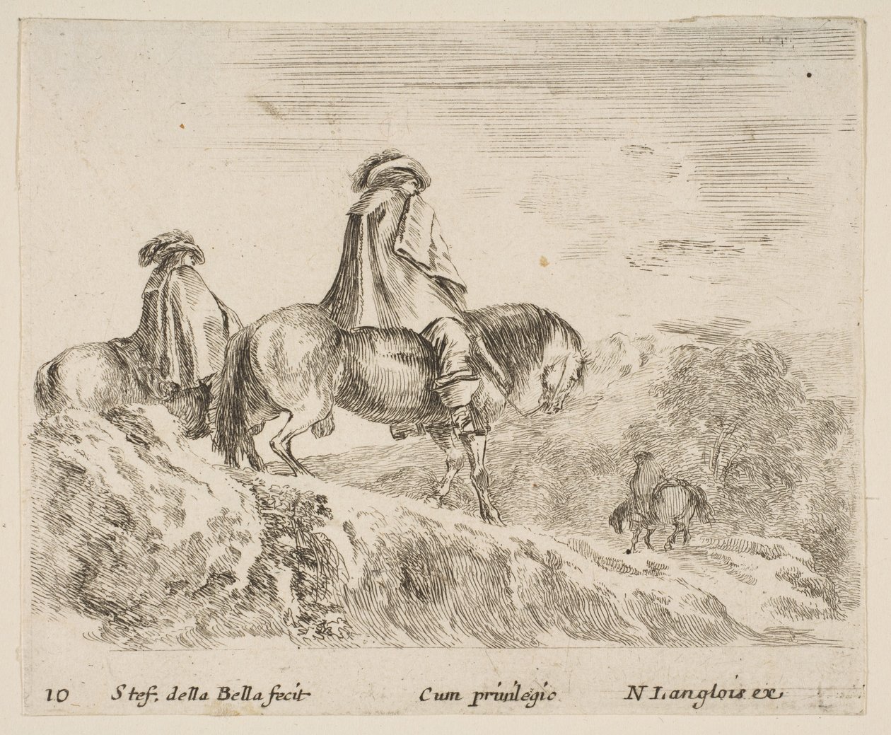 Plate 10: to ryttere som går ned et fjell til venstre, en annen rytter til høyre i ..., ca. 1644-47. av Stefano della Bella