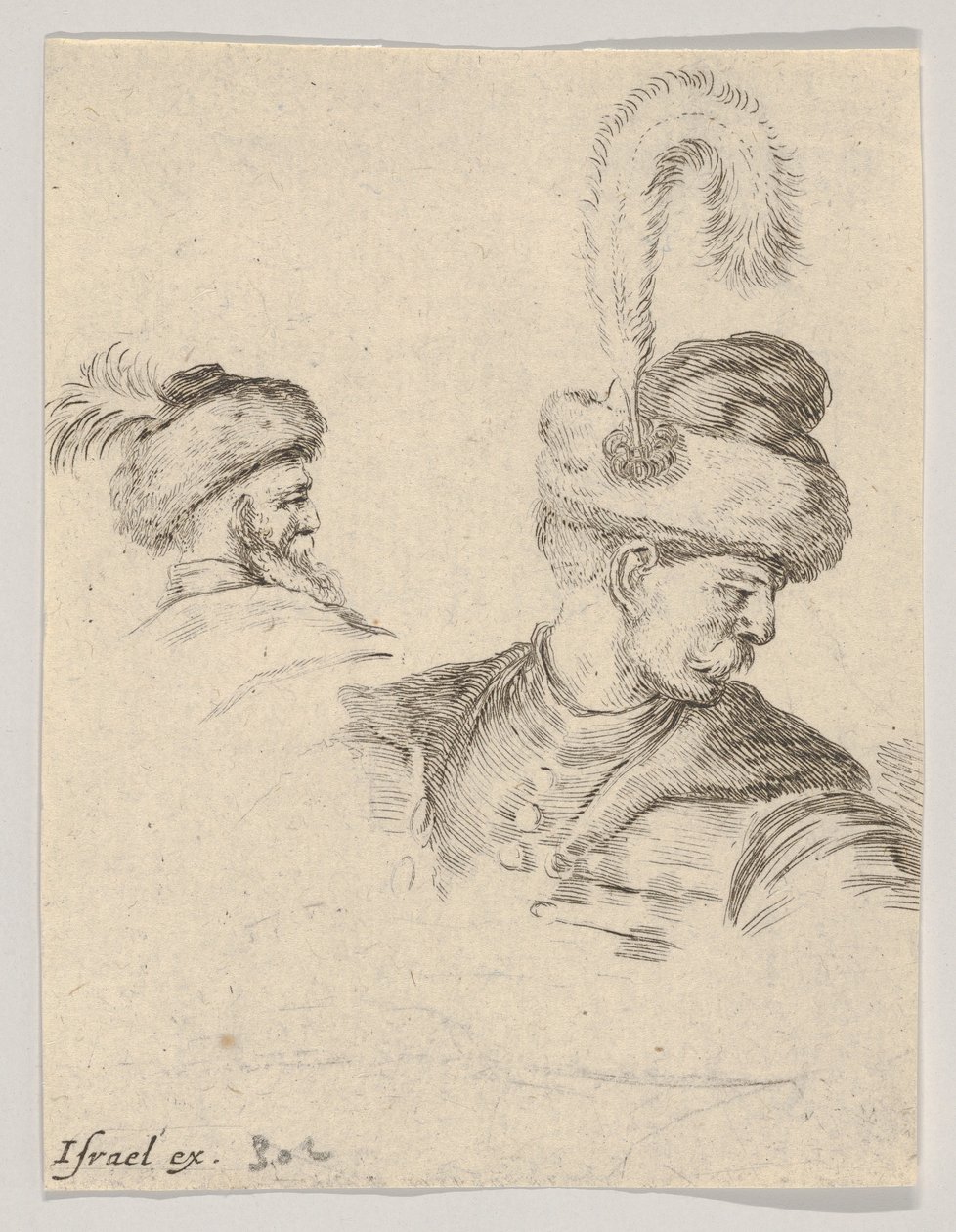 Plate 11: en polsk byste i profil, dreid mot høyre, et annet polsk hode sett fra..., ca. 1649. av Stefano della Bella