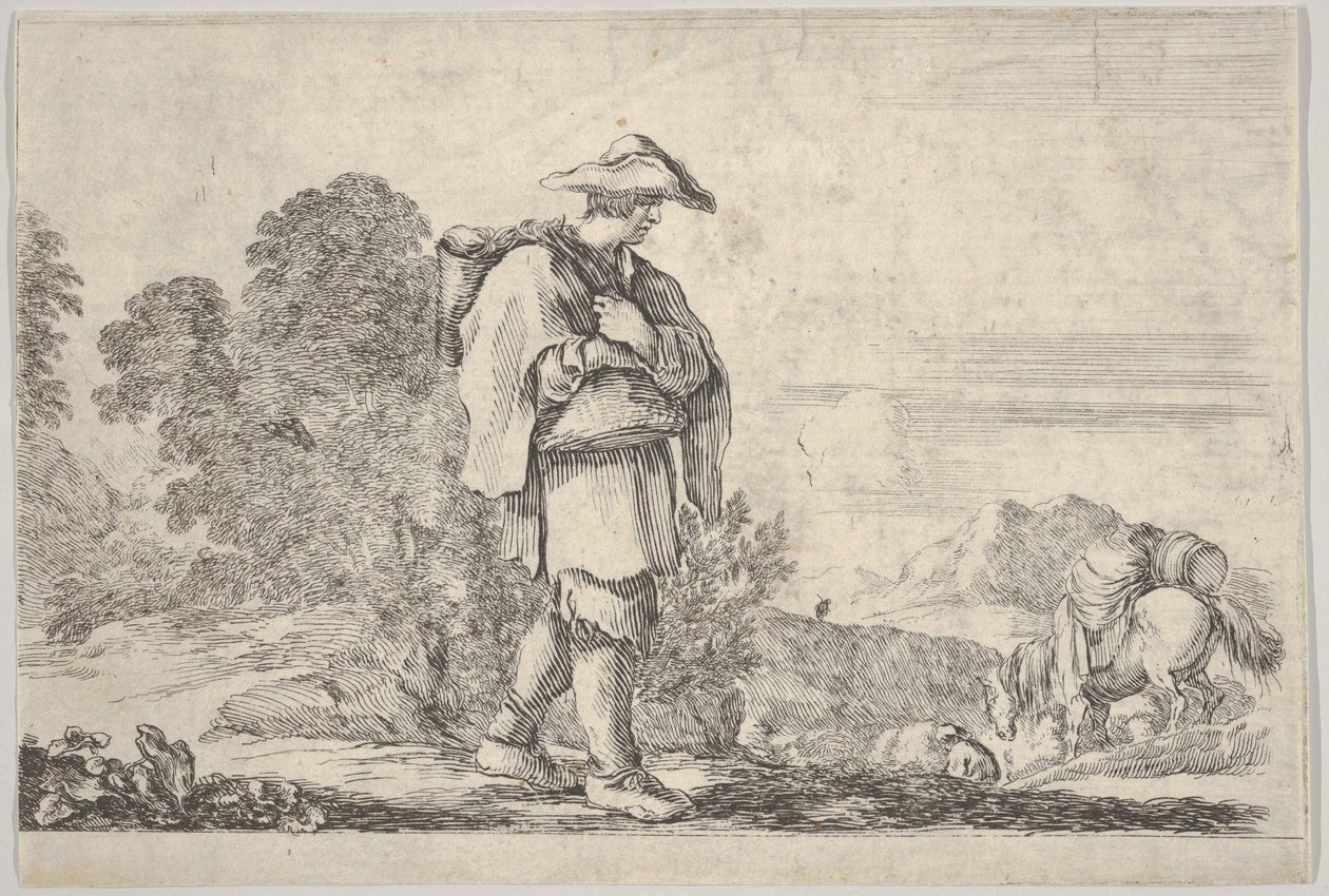 Plate 11: en bonde med hatt i midten, gående mot høyre, en hest ned..., ca. 1641. av Stefano della Bella