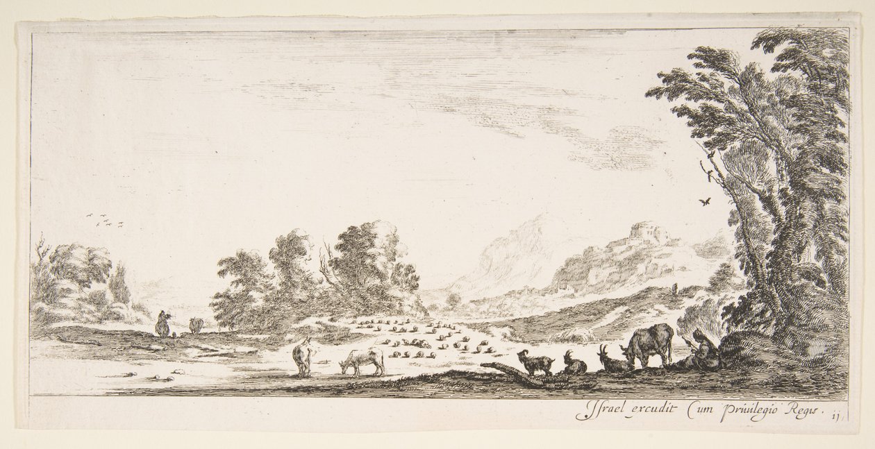 Plate 11: gjeterinne som sitter til høyre under et tre og ser på flokken hennes til venstre..., ca. 1641. av Stefano della Bella