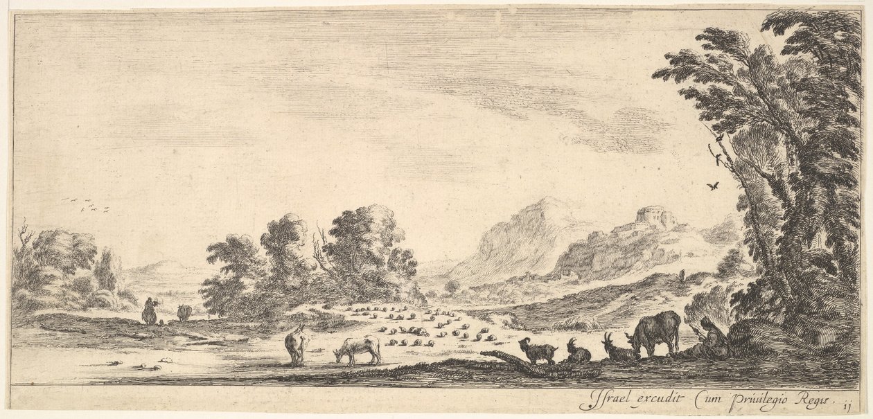 Plate 11: gjeterinne som sitter til høyre under et tre og ser på flokken hennes til venstre..., ca. 1641. av Stefano della Bella