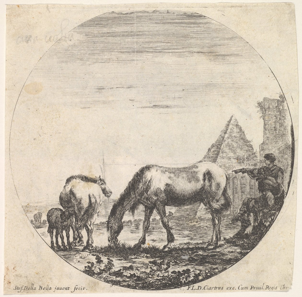 Plate 11: pyramiden til Caius Cestius til høyre i bakgrunnen, en hest som beiter ..., ca. 1643-48. av Stefano della Bella