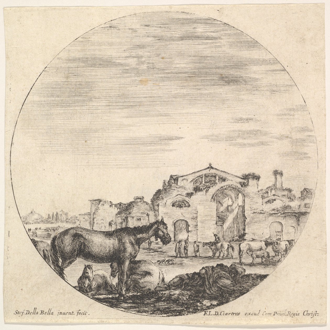 Plate 12: en hyrde som sover på bakken til høyre, tre hester til venstre, andre h..., ca. 1643-48. av Stefano della Bella