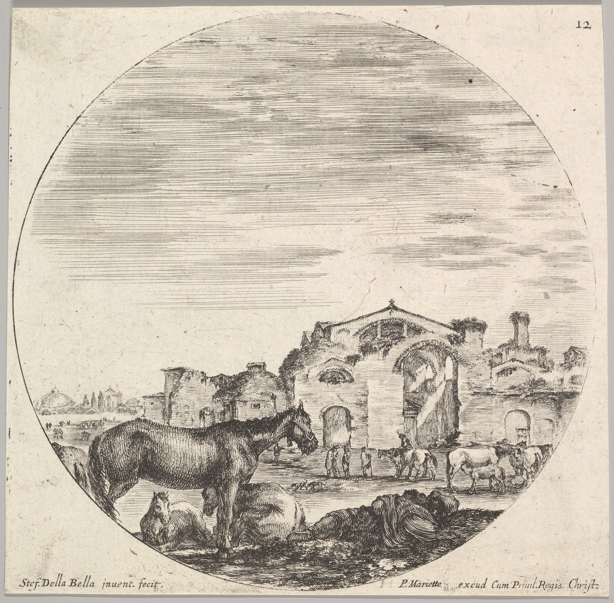 Plate 12: en hyrde som sover på bakken til høyre, tre hester til venstre, andre h..., ca. 1643-48. av Stefano della Bella