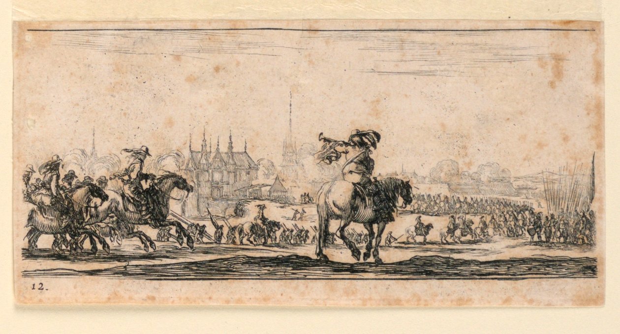 Plate 12, fra "Designs for Some Troop Conduct, Cannons, and Attacks on Towns" av Stefano della Bella