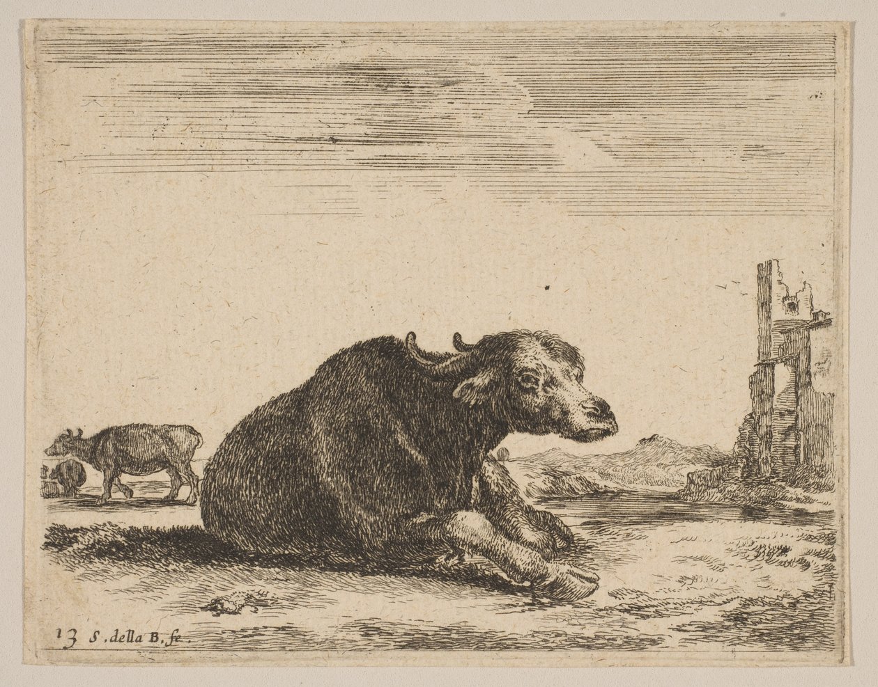 Plate 13: bøffel liggende, fra Diverse dyr Diversi animali, ca. 1641. av Stefano della Bella