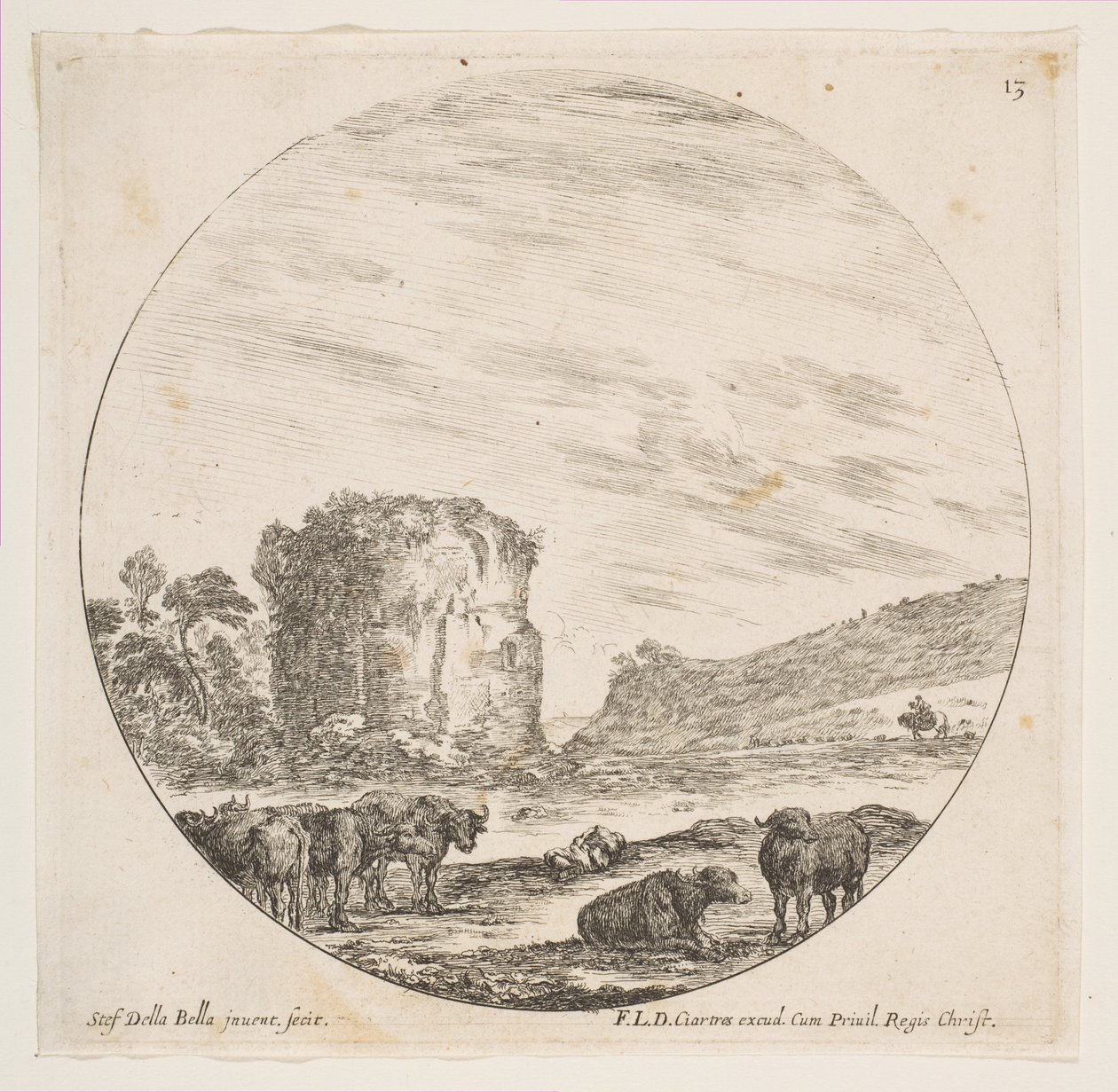 Plate 13: ruiner av et tempel i et romersk landskap, fra romerske landskap og ruiner P..., ca. 1646. av Stefano della Bella