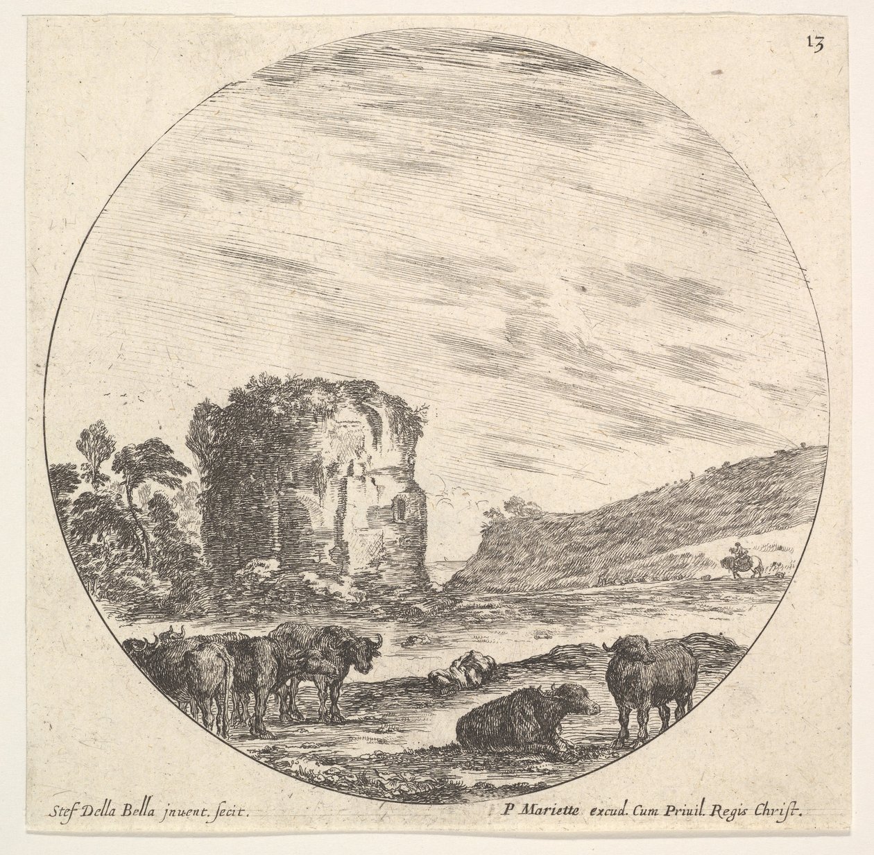 Plate 13: ruiner av et gammelt tempel i bakgrunnen, en flokk med kyr i forkant..., ca. 1643-48. av Stefano della Bella