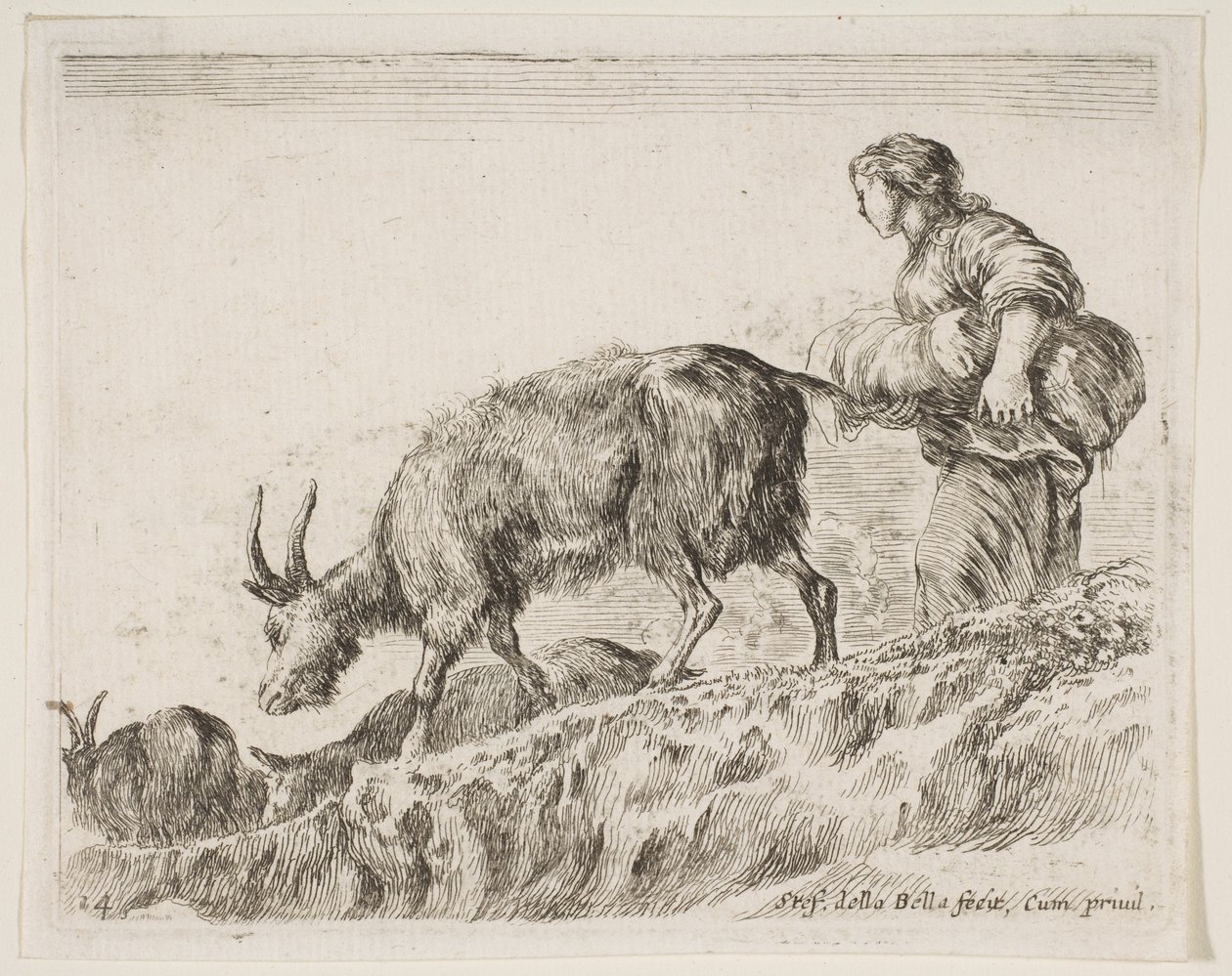 Plate 14: gjeterinne som gjeter geiter, fra Diverse dyr Diversi animali, ca. 1641. av Stefano della Bella