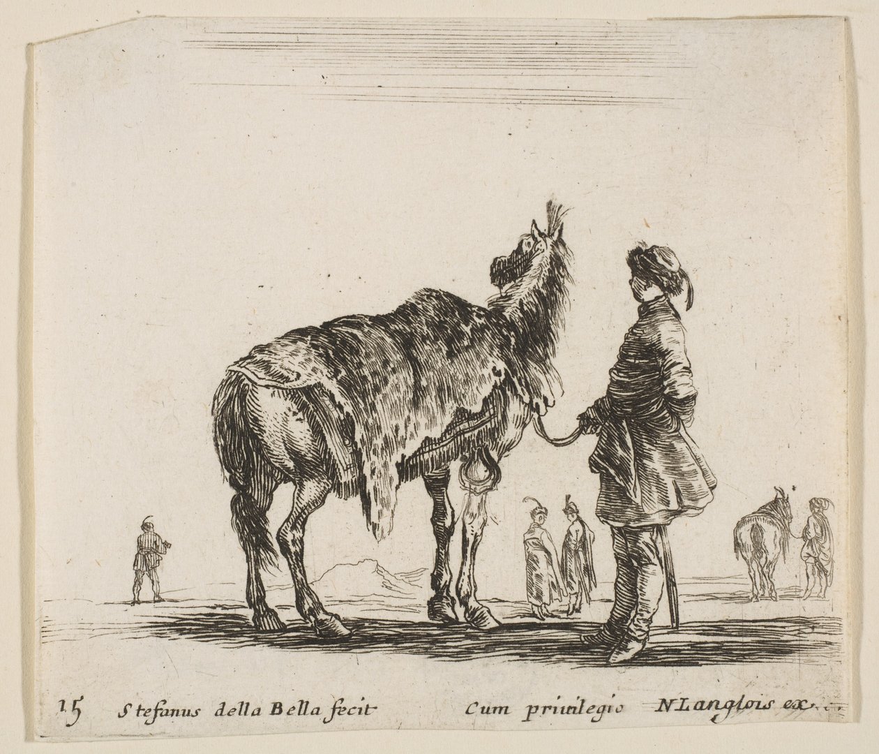 Plate 15: en polsk adelsmann, vendt bort, holder hesten dekket av leopardskinn..., ca. 1644-47. av Stefano della Bella