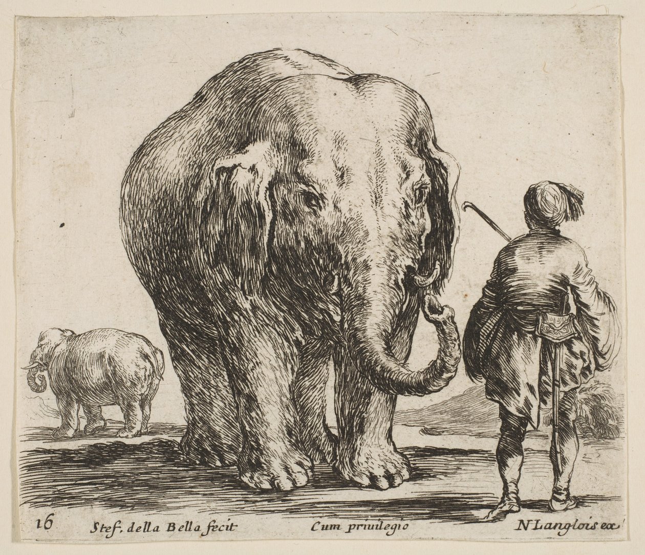 Plate 16: en elefant i midten, mahouten hans står til høyre iført en Orient..., ca. 1644-47. av Stefano della Bella