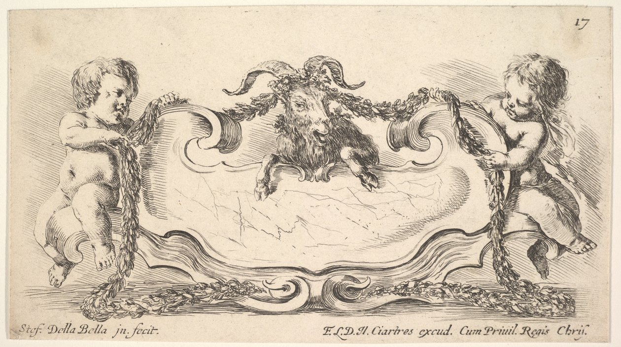 Plate 17: en kartusj med et marmorsenter, et spedbarn på hver side som holder en kransove..., 1646. av Stefano della Bella