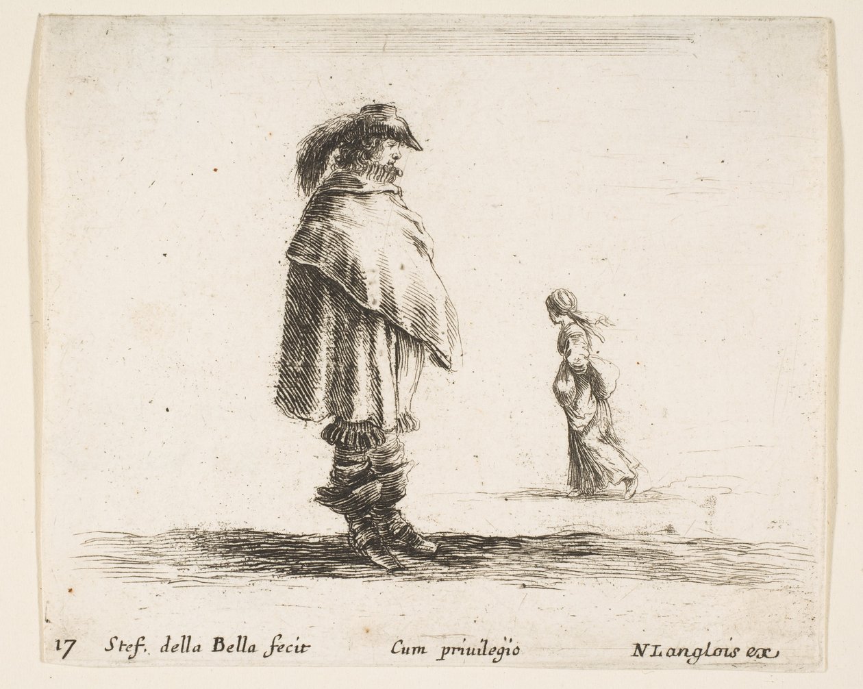 Plate 17: en mann med en plymer hatt i midten vendt mot høyre, en kvinne som går mot..., ca. 1644-47. av Stefano della Bella
