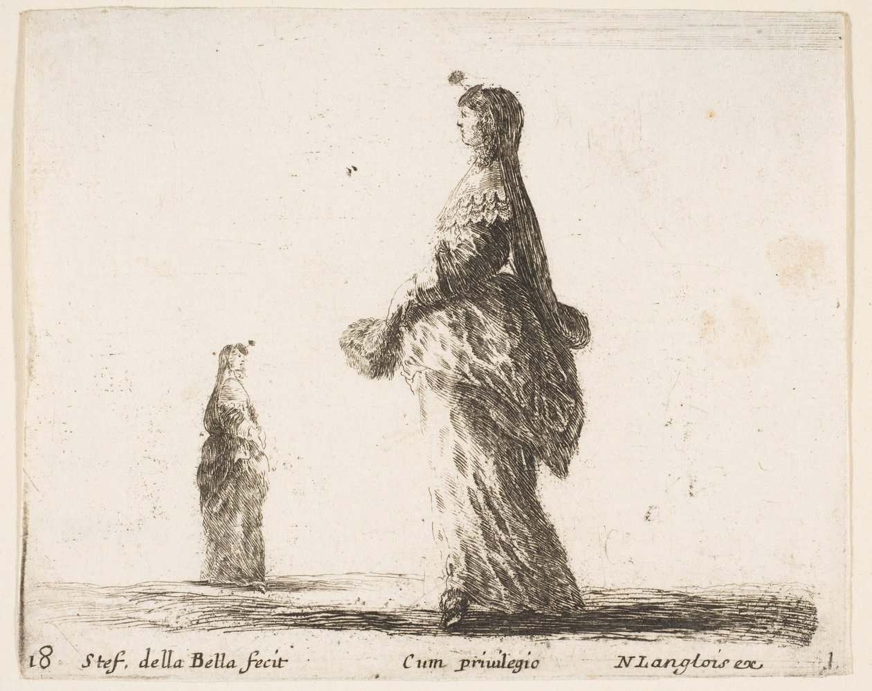 Plate 18: en adelig kvinne som går mot venstre med en fjærkledd vifte, en annen kvinne..., ca. 1644-47. av Stefano della Bella
