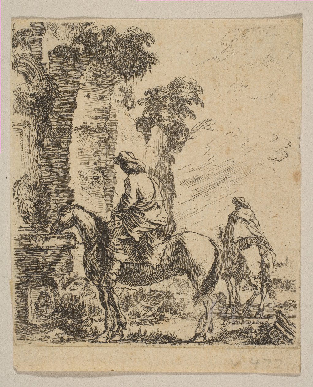 Plate 19: Landskap med en kavaler som vanner hesten sin ved en fontene, fra forskjellige fi..., ca. 1646. av Stefano della Bella