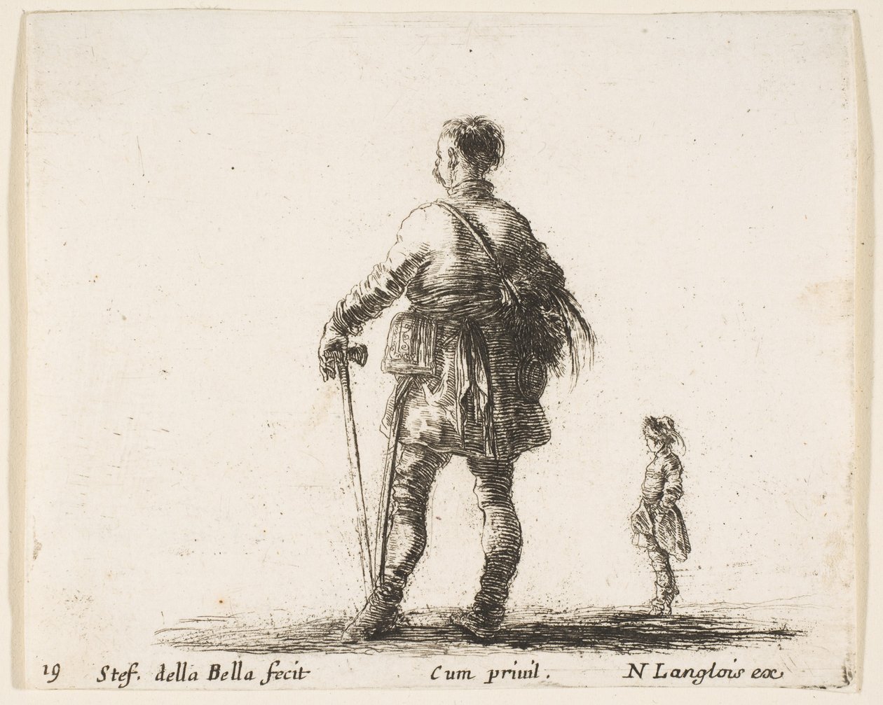 Plate 19: en polsk adelsmann i hoffdrakt, stående i midten, sett bakfra, en..., ca. 1644-47. av Stefano della Bella