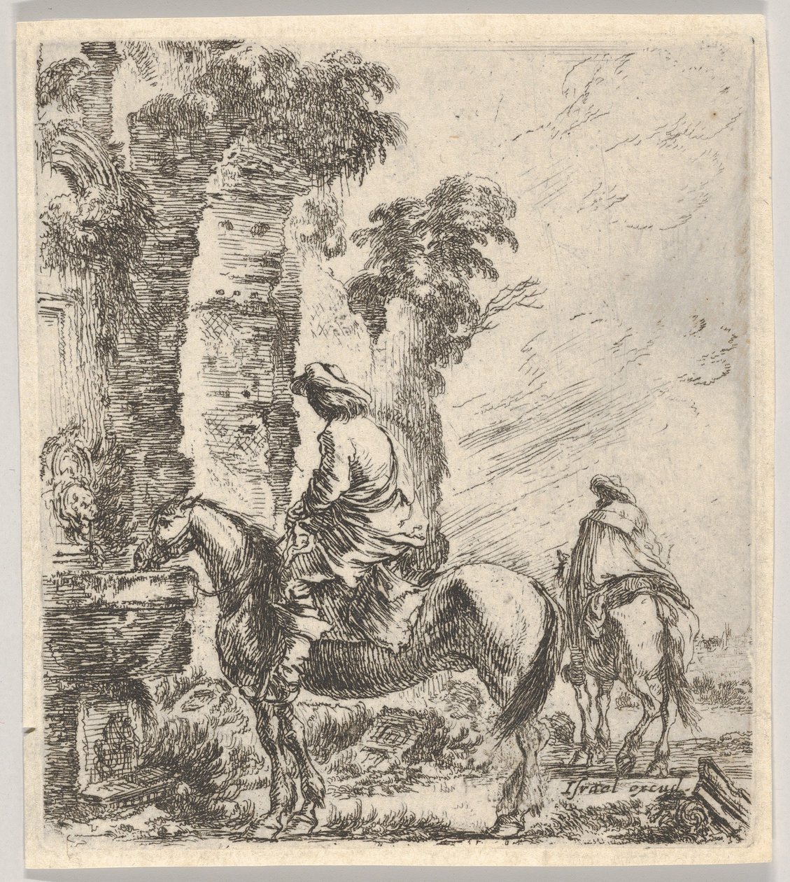 Plate 19: en rytter som får hesten sin til å drikke fra et basseng med en fontene til venstre, en annen h..., ca. 1646. av Stefano della Bella