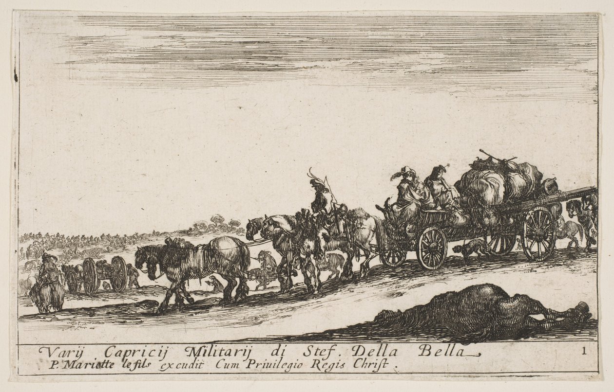 Plate 1: En hestevogn som frakter mennesker og varer, død hest i forgrunnen, f..., ca. 1641. av Stefano della Bella