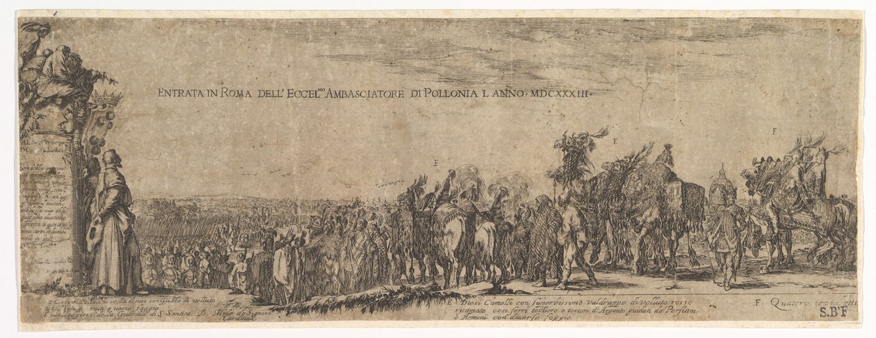 Plate 1: Den polske ambassadørens inngang til Roma, Medici-våpenet til venstre, 1633. av Stefano della Bella