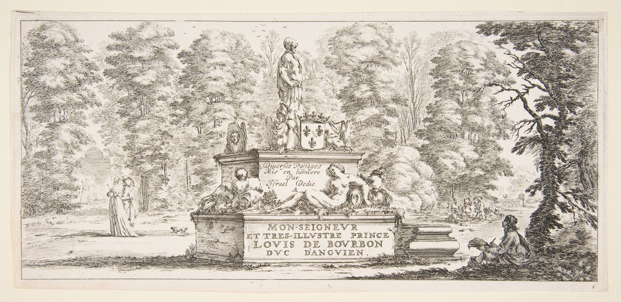 Plate 1: et monument med statuer og et våpenskjold i midten, en tegner på..., ca. 1643. av Stefano della Bella